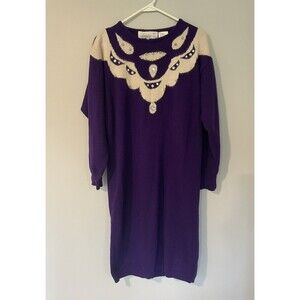 VTG Angora Lambs Wool Sweater Dress Womens Medium Purple Beaded Rhinestone‎ Midi